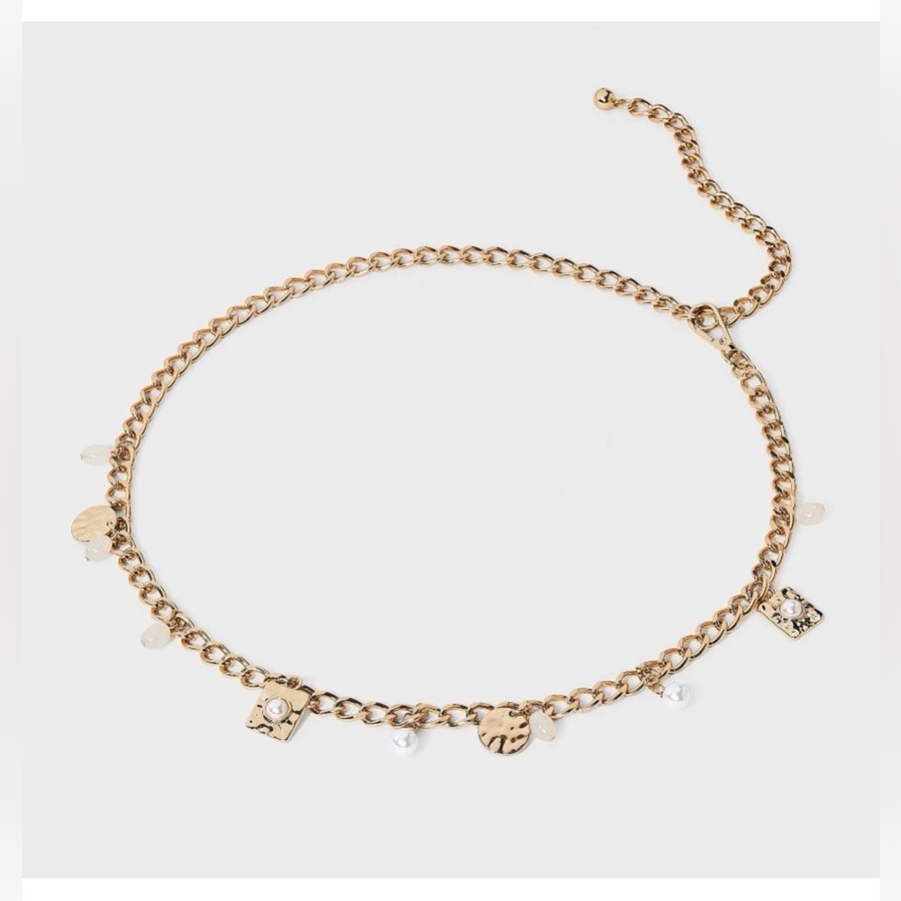 A New Day - Gold Chain Charm Belt Waist Necklace with Pearl Accents